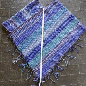 Handmade Wool Mosaic Crochet Poncho in Blues